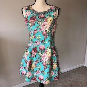 English Rose Dress Size M Juniors Jeweled Neckline Floral Blue Pink Sleeveless